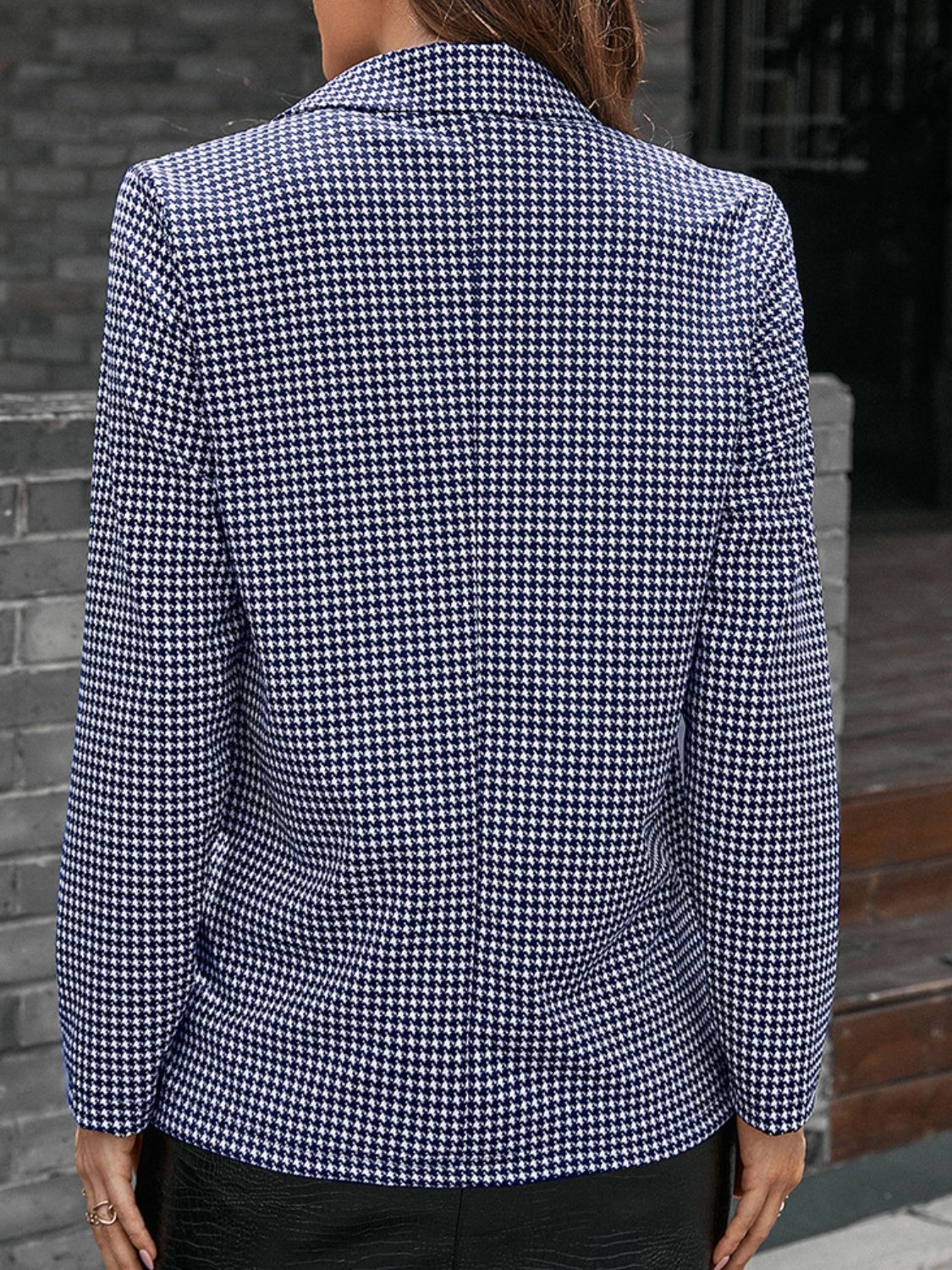 Houndstooth Lapel Collar Long Sleeve Blazer BLUE ZONE PLANET