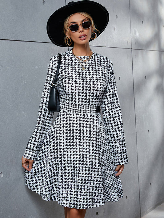 Houndstooth Long Sleeve Round Neck Dress BLUE ZONE PLANET