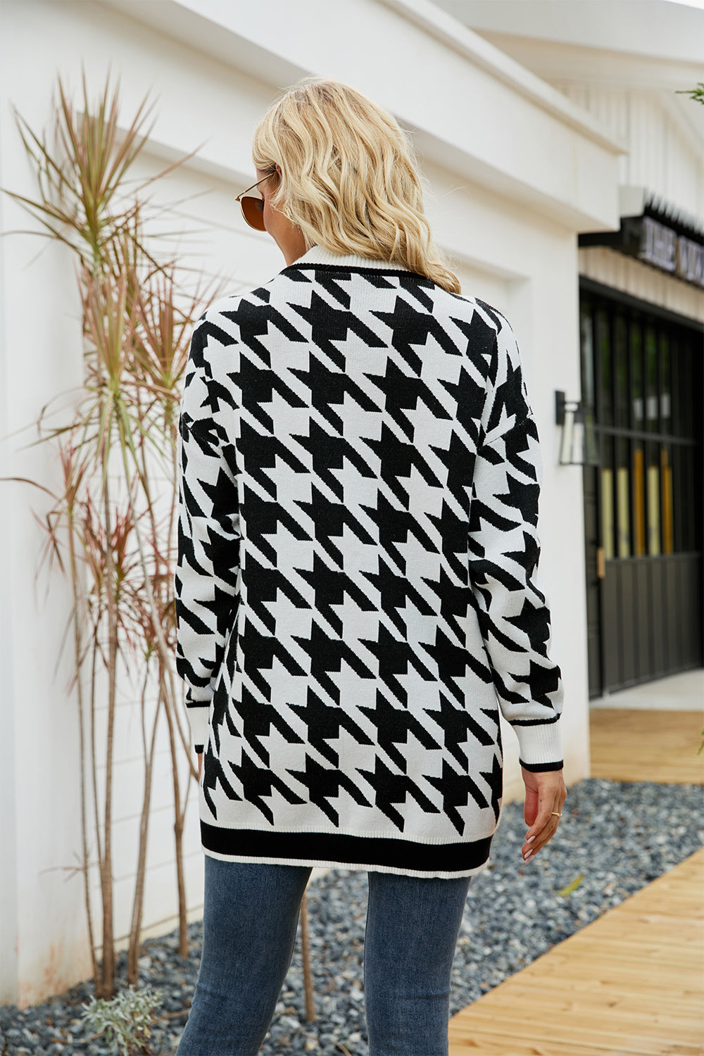 Houndstooth Open Front Longline Cardigan BLUE ZONE PLANET