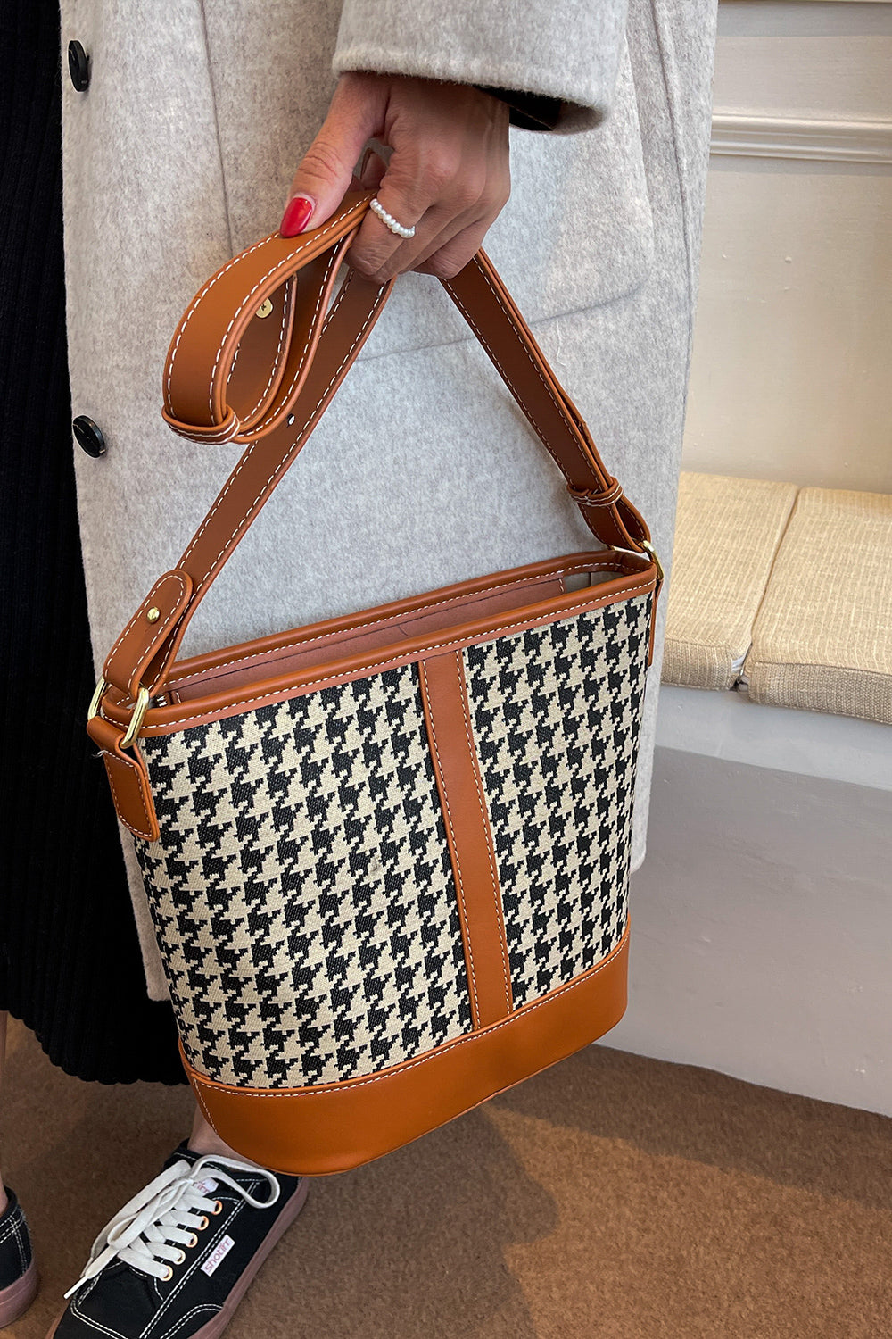 Houndstooth PU Leather Shoulder Bag BLUE ZONE PLANET