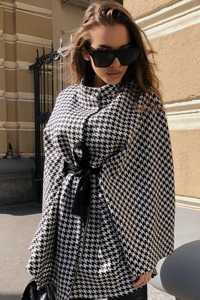 Houndstooth Tie Waist Trench Coat BLUE ZONE PLANET