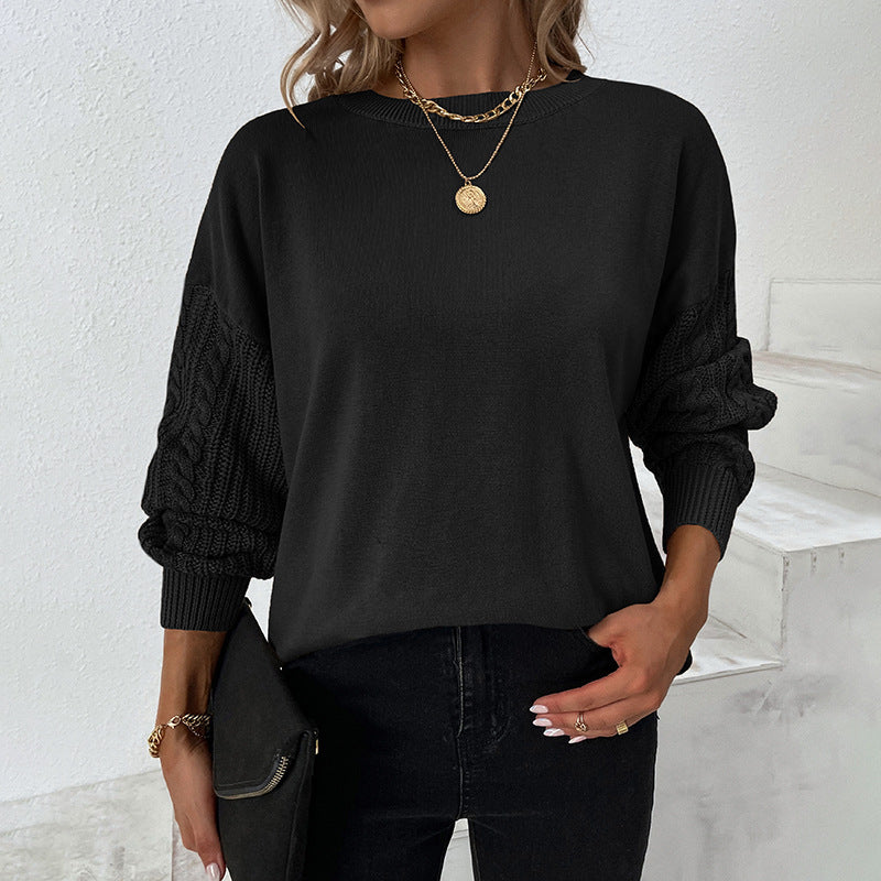 Solid Round Neck Twist Knit Balloon Sleeve Sweater-[Adult]-[Female]-Black-S-2022 Online Blue Zone Planet