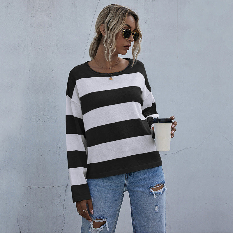 women's loose round neck long sleeve knitted striped sweater-[Adult]-[Female]-Black-S-2022 Online Blue Zone Planet