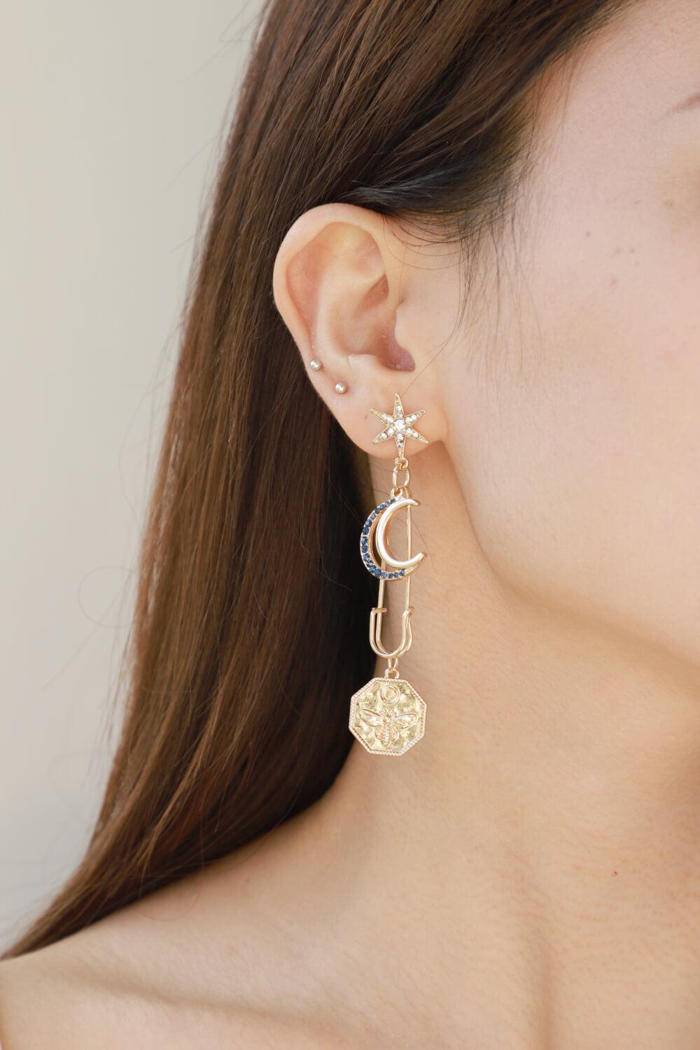 Inlaid Rhinestone Moon and Star Drop Earrings BLUE ZONE PLANET