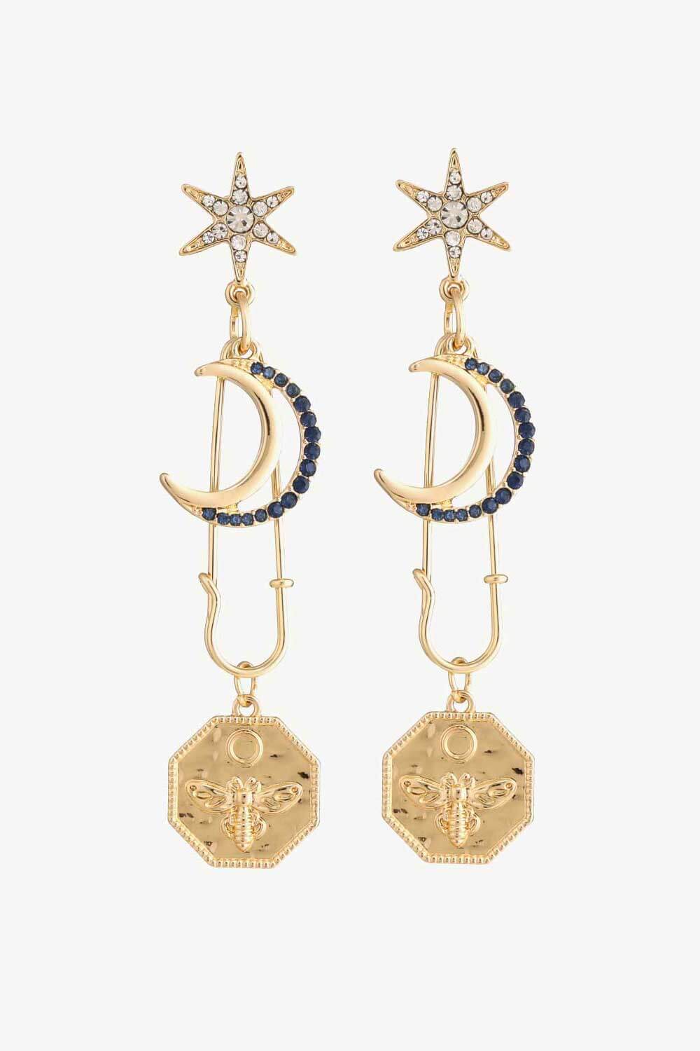 Inlaid Rhinestone Moon and Star Drop Earrings BLUE ZONE PLANET