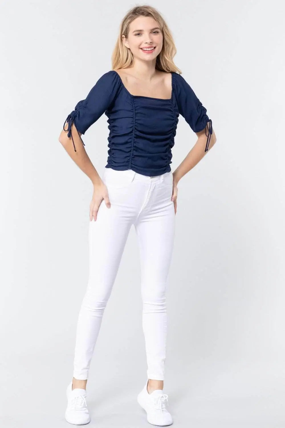 It's All In The Details Elbow Sleeve Smocked Ruched Woven Top Blue Zone Planet