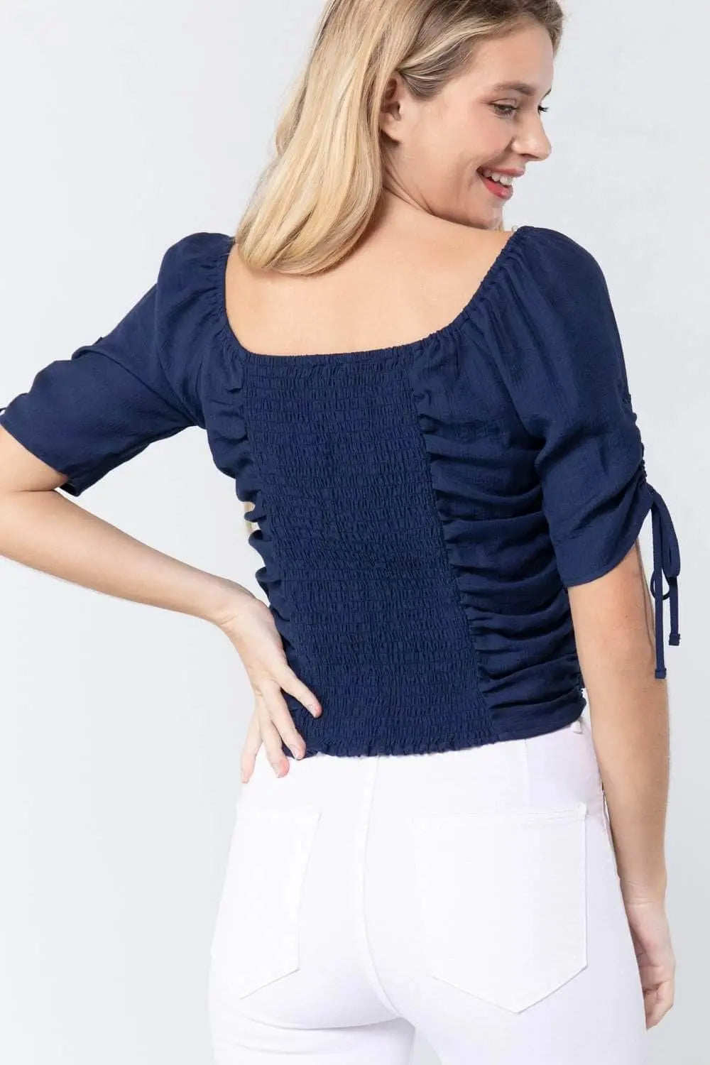 It's All In The Details Elbow Sleeve Smocked Ruched Woven Top Blue Zone Planet