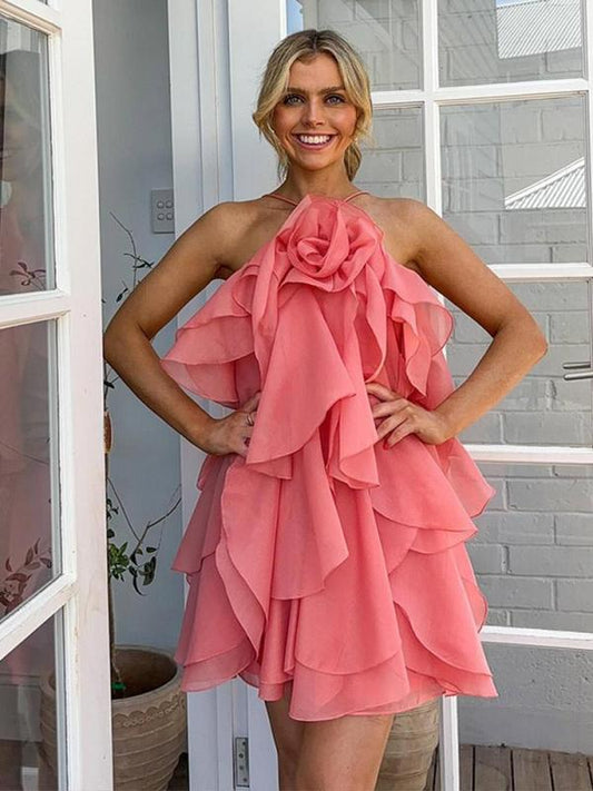 Tina's Vacation Halter Neck 3D Flower Strappy Mini Dress-TOPS / DRESSES-[Adult]-[Female]-Pink purple-S-2022 Online Blue Zone Planet