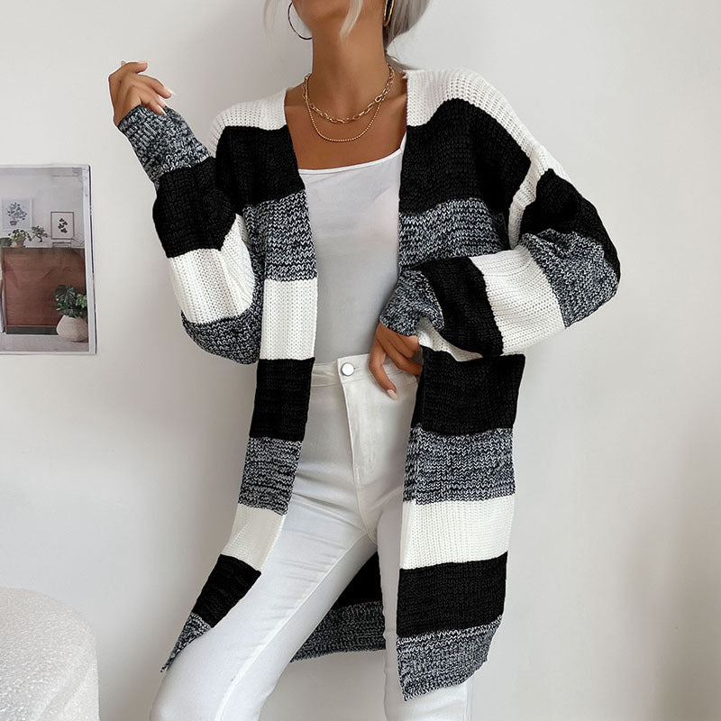 Zoe's Long Buttonless Color Block Sweater Jacket BLUE ZONE PLANET