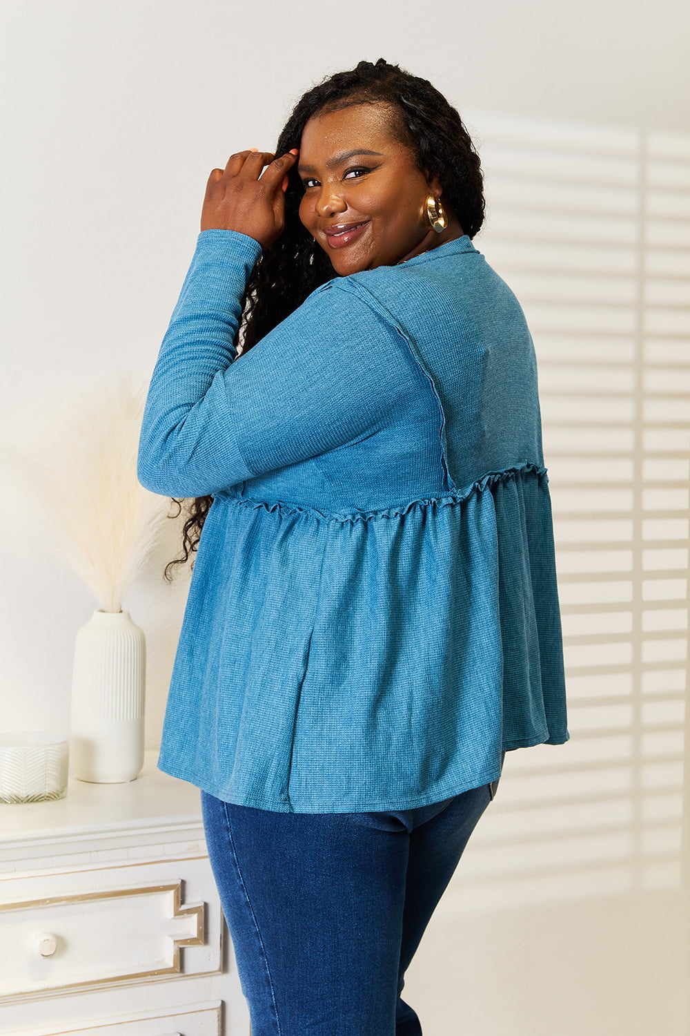 Jade By Jane Full Size Frill Trim Babydoll Blouse BLUE ZONE PLANET
