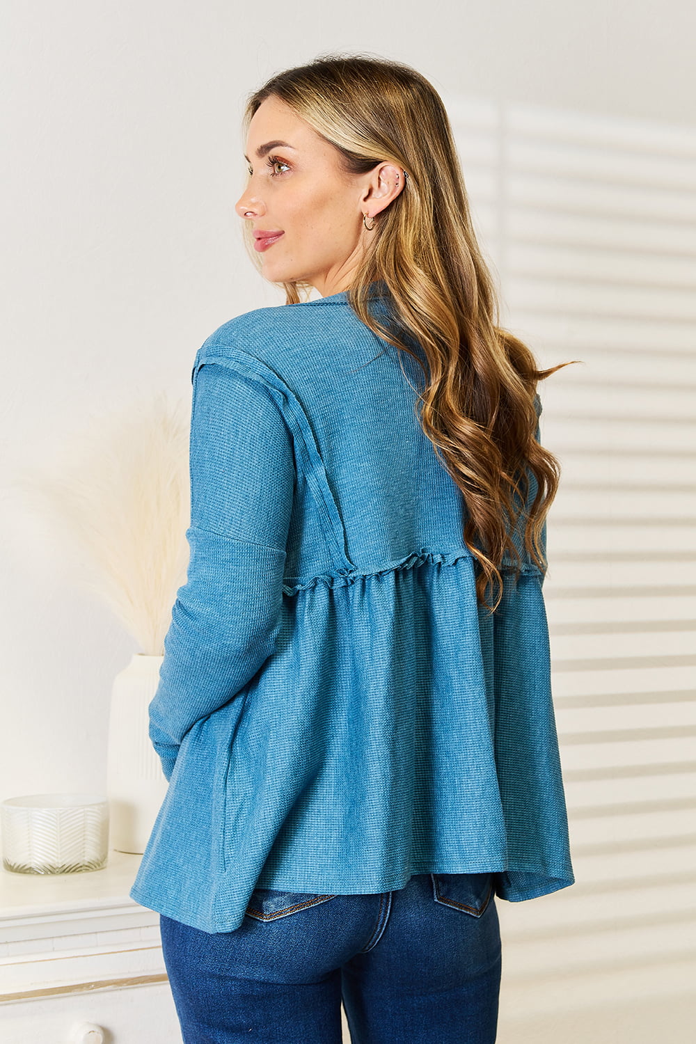 Jade By Jane Full Size Frill Trim Babydoll Blouse BLUE ZONE PLANET