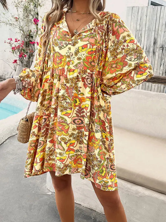 Jade's V-neck loose casual floral printed mini dress kakaclo