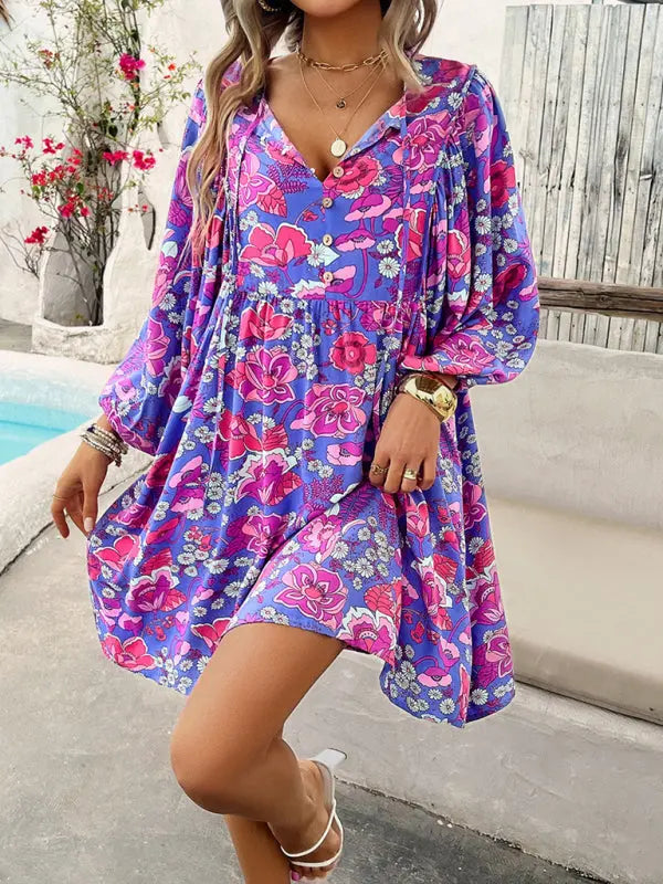 Jade's V-neck loose casual floral printed mini dress kakaclo