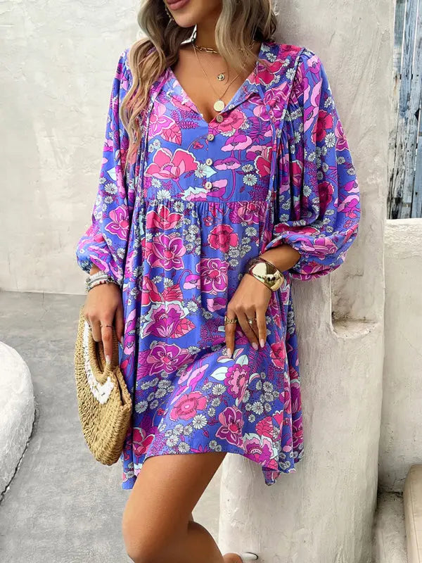 Jade's V-neck loose casual floral printed mini dress kakaclo