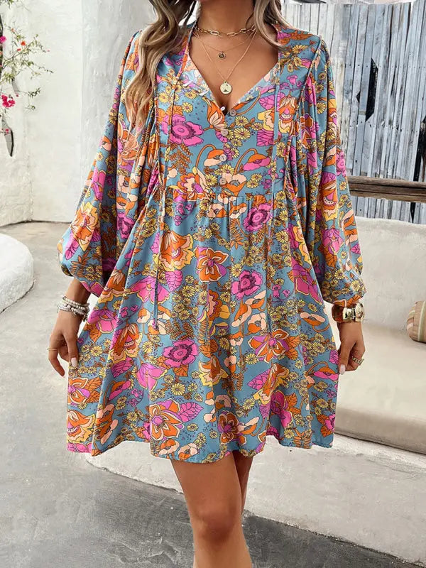 Jade's V-neck loose casual floral printed mini dress kakaclo