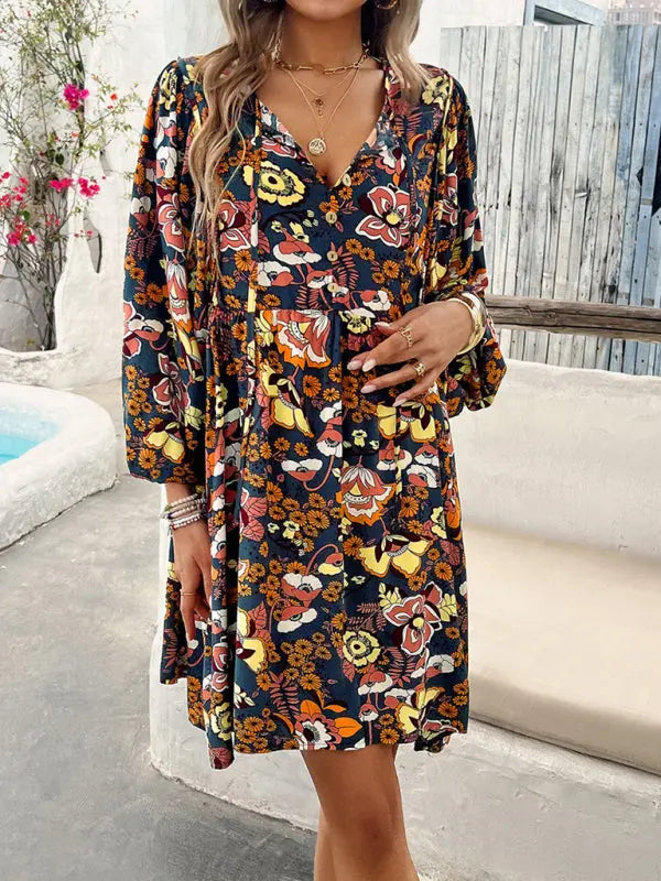 Jade's V-neck loose casual floral printed mini dress kakaclo