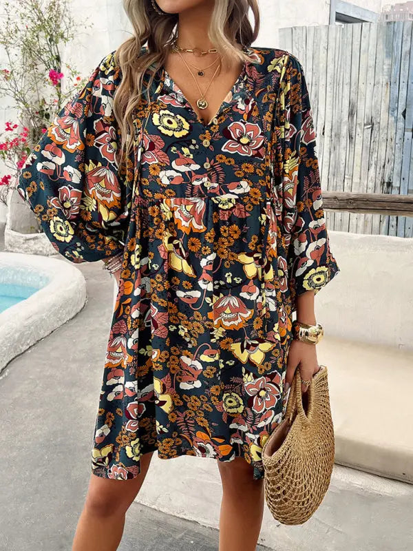 Jade's V-neck loose casual floral printed mini dress kakaclo