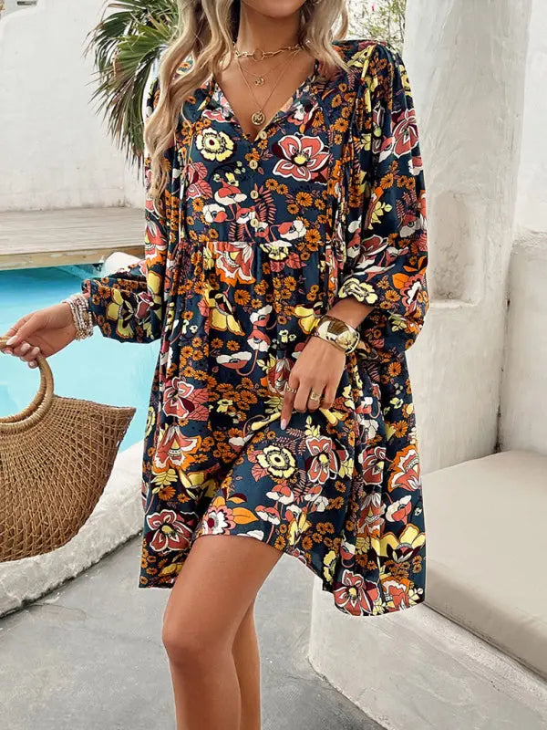 Jade's V-neck loose casual floral printed mini dress kakaclo