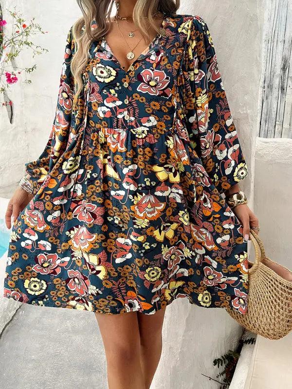 Jade's V-neck loose casual floral printed mini dress kakaclo