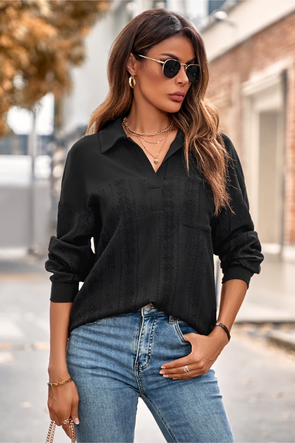 Johnny Collar Long Sleeve Blouse BLUE ZONE PLANET