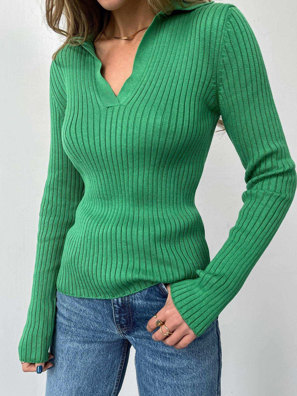 Johnny Collar Rib-Knit Top BLUE ZONE PLANET