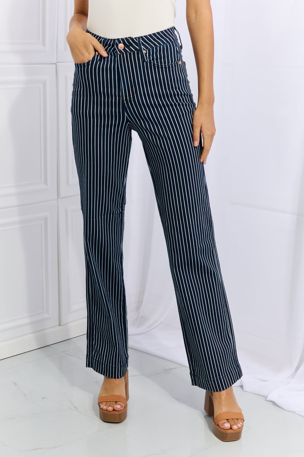 Judy Blue Cassidy Full Size High Waisted Tummy Control Striped Straight Jeans BLUE ZONE PLANET