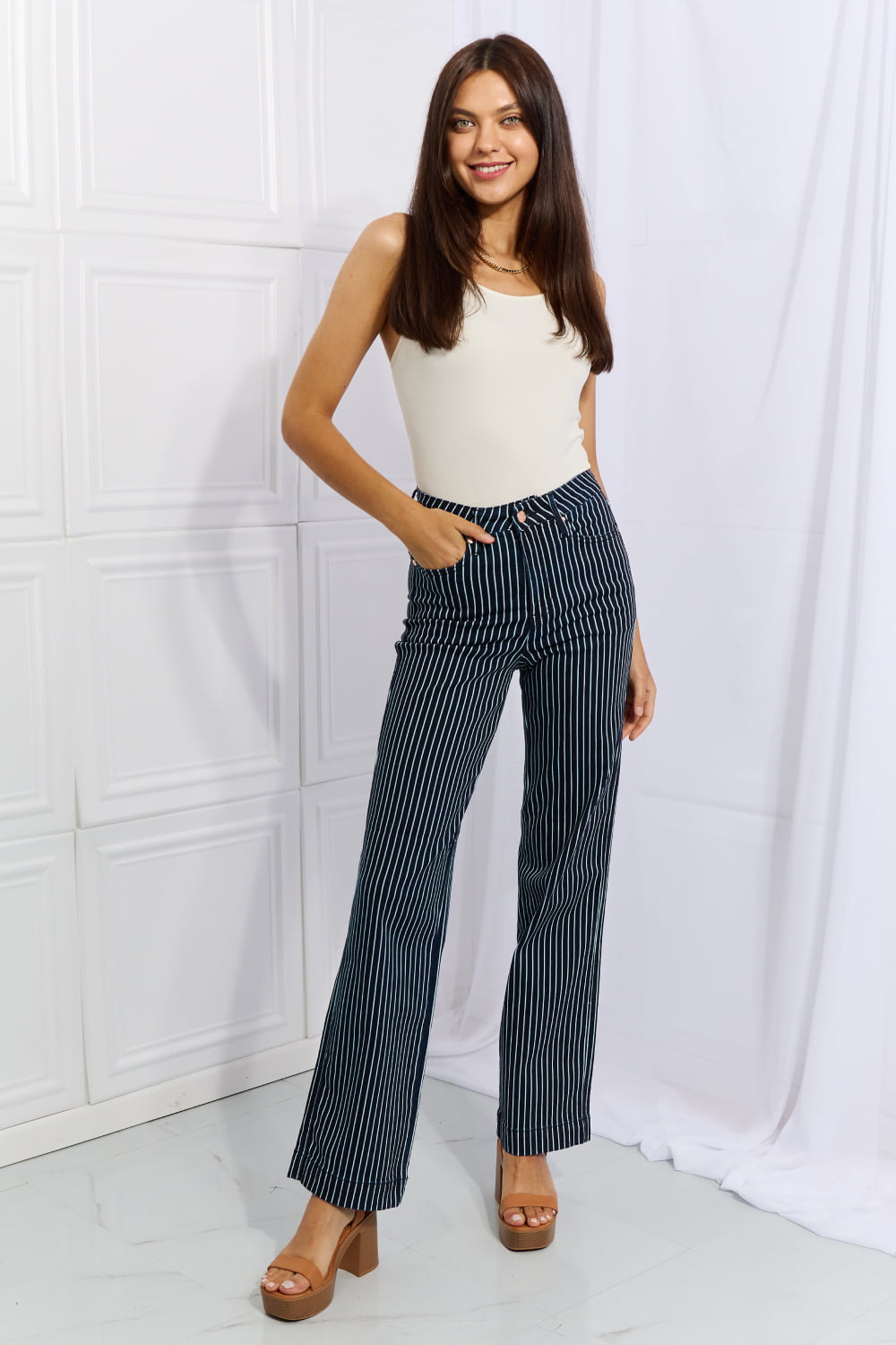 Judy Blue Cassidy Full Size High Waisted Tummy Control Striped Straight Jeans BLUE ZONE PLANET