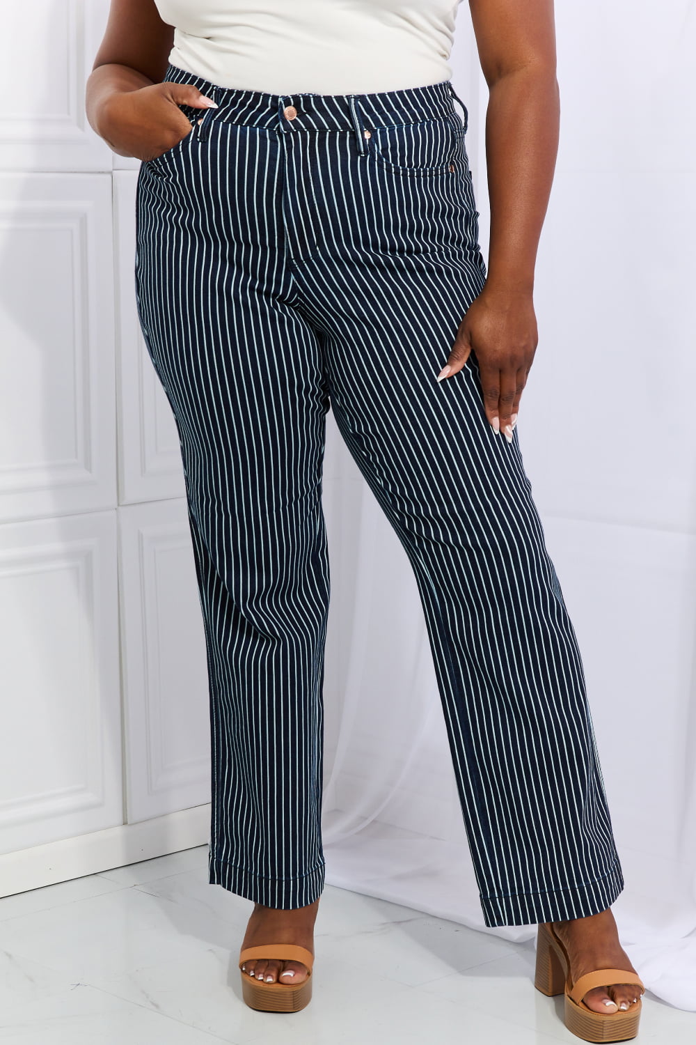 Judy Blue Cassidy Full Size High Waisted Tummy Control Striped Straight Jeans BLUE ZONE PLANET