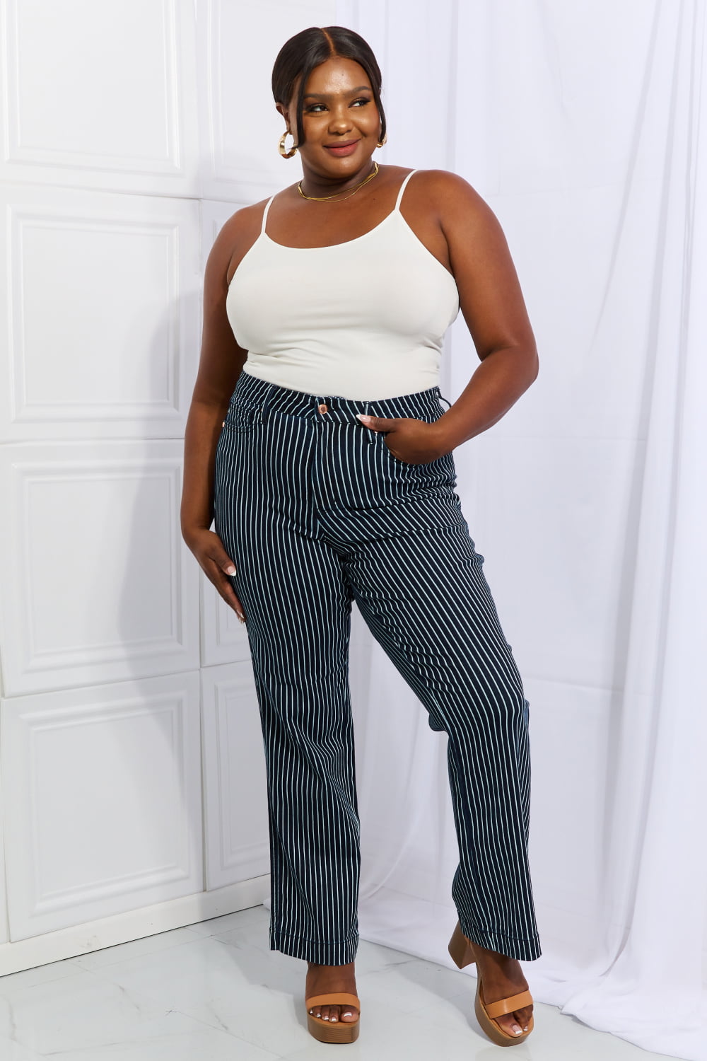 Judy Blue Cassidy Full Size High Waisted Tummy Control Striped Straight Jeans BLUE ZONE PLANET