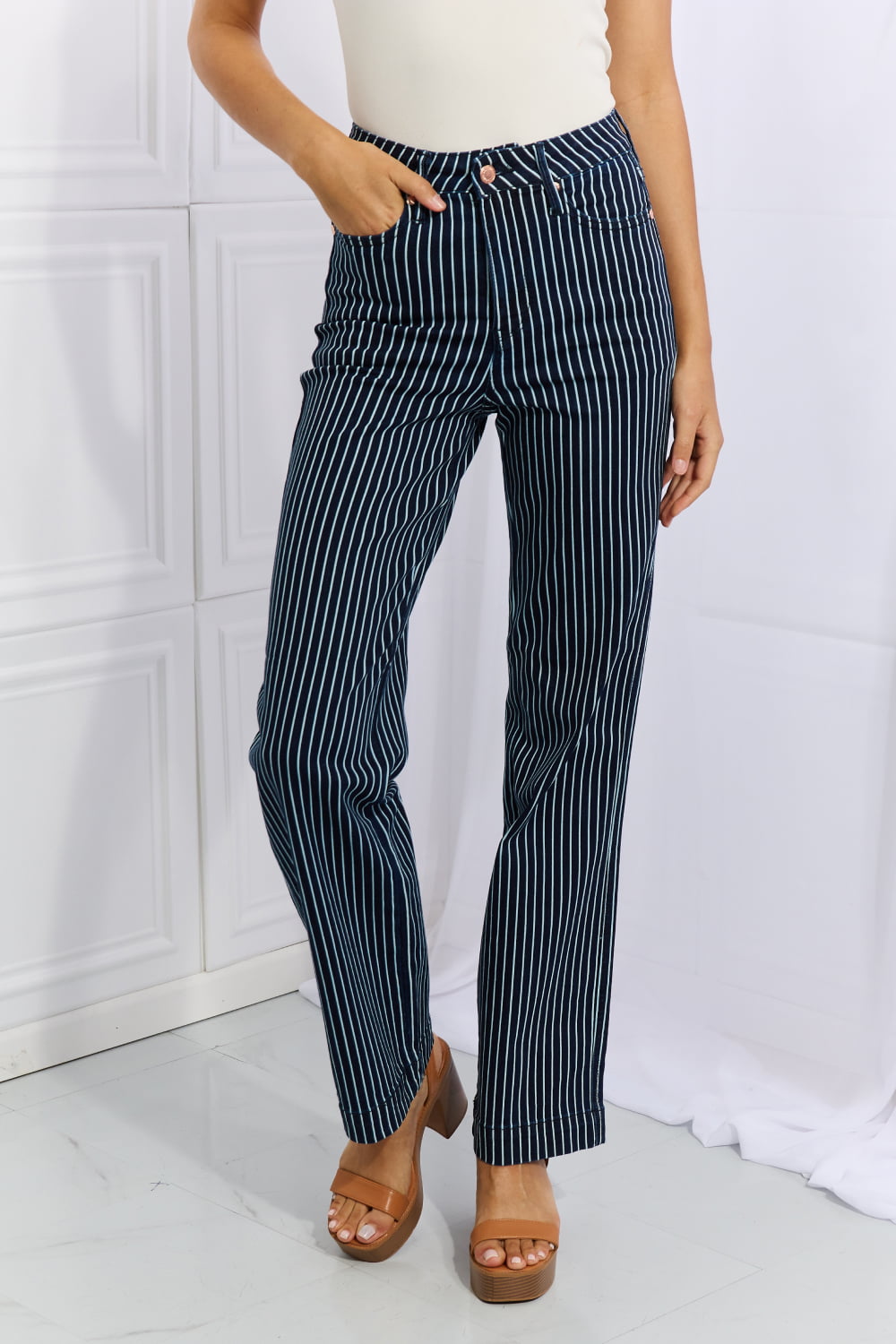 Judy Blue Cassidy Full Size High Waisted Tummy Control Striped Straight Jeans BLUE ZONE PLANET