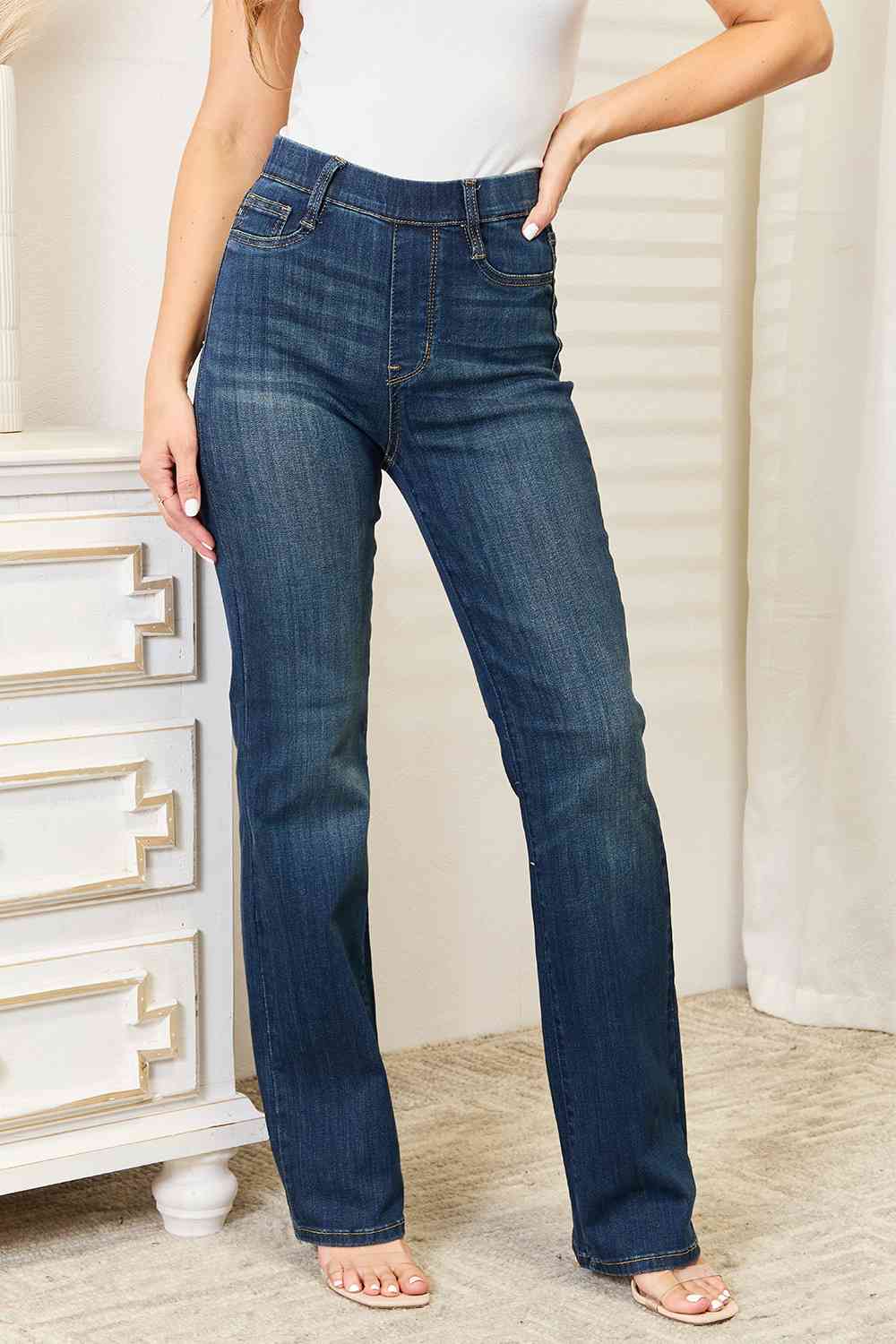 Judy Blue Full Size Elastic Waistband Straight Jeans BLUE ZONE PLANET