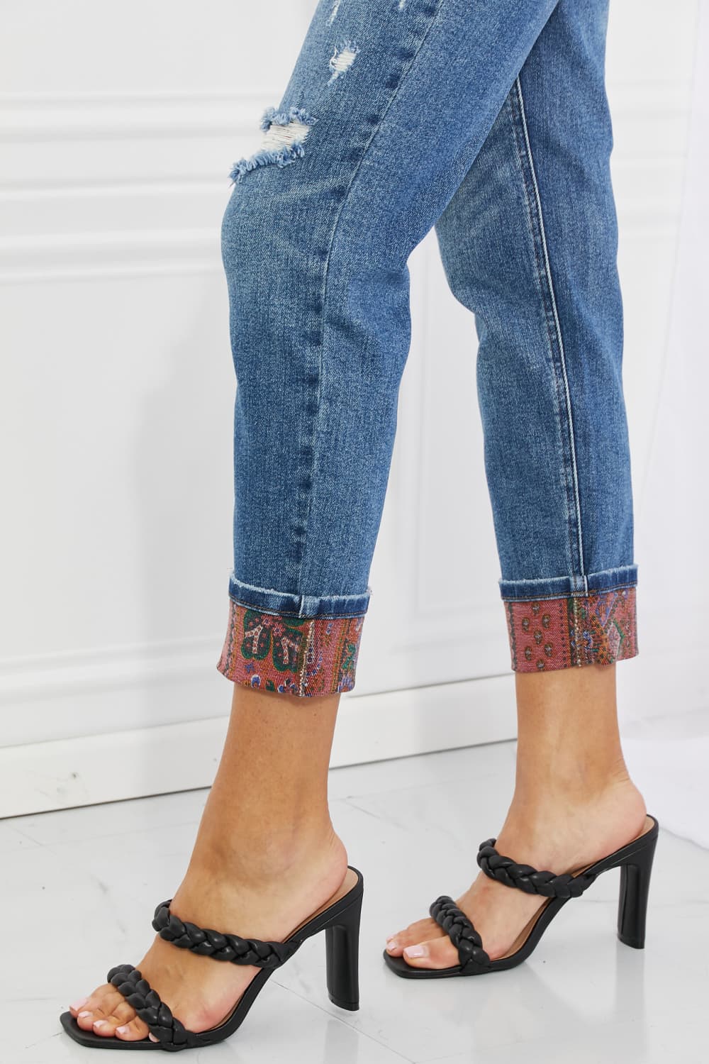 Judy Blue Gina Full Size Mid Rise Paisley Patch Cuff Boyfriend Jeans BLUE ZONE PLANET