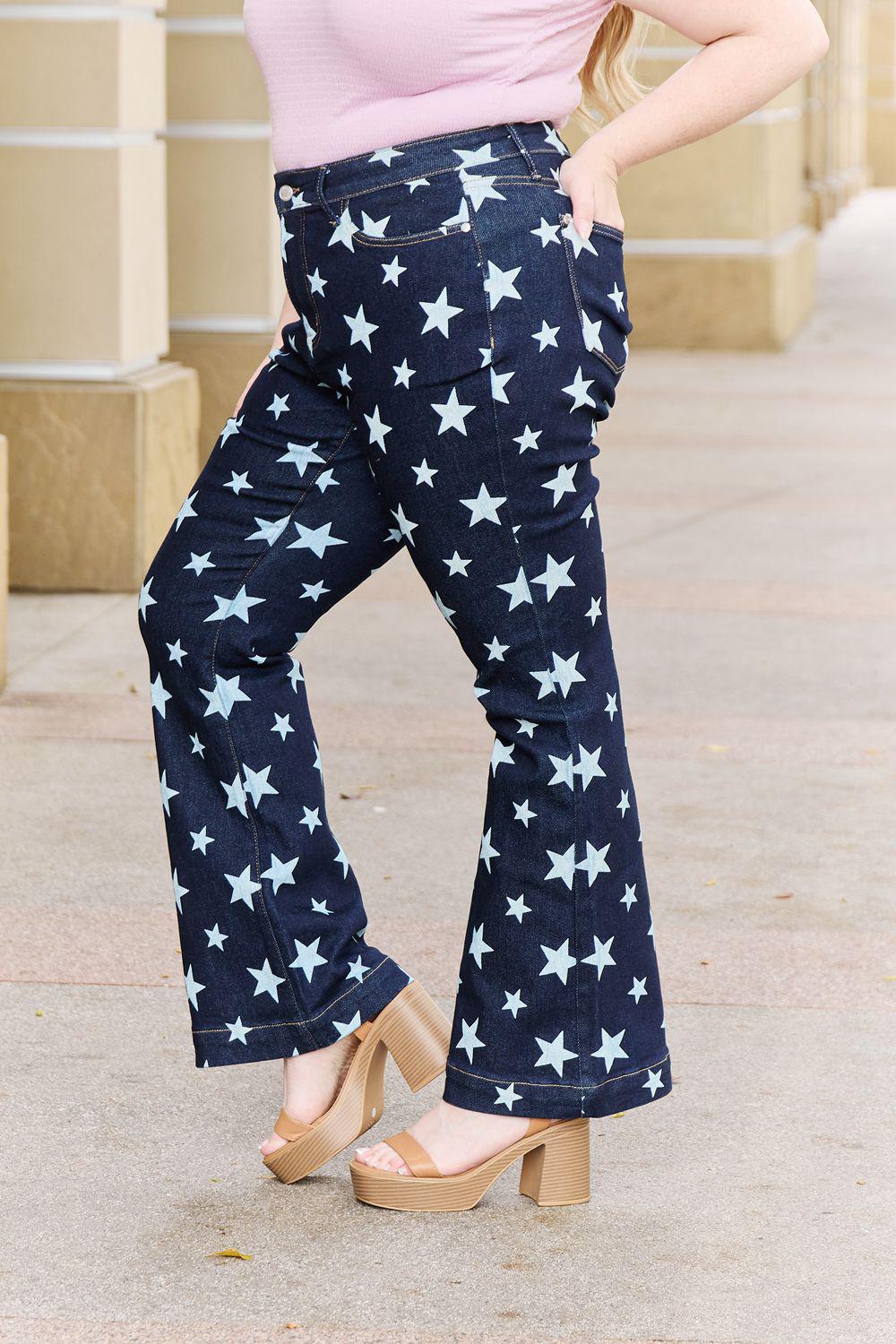 Judy Blue Janelle Full Size High Waist Star Print Flare Jeans BLUE ZONE PLANET