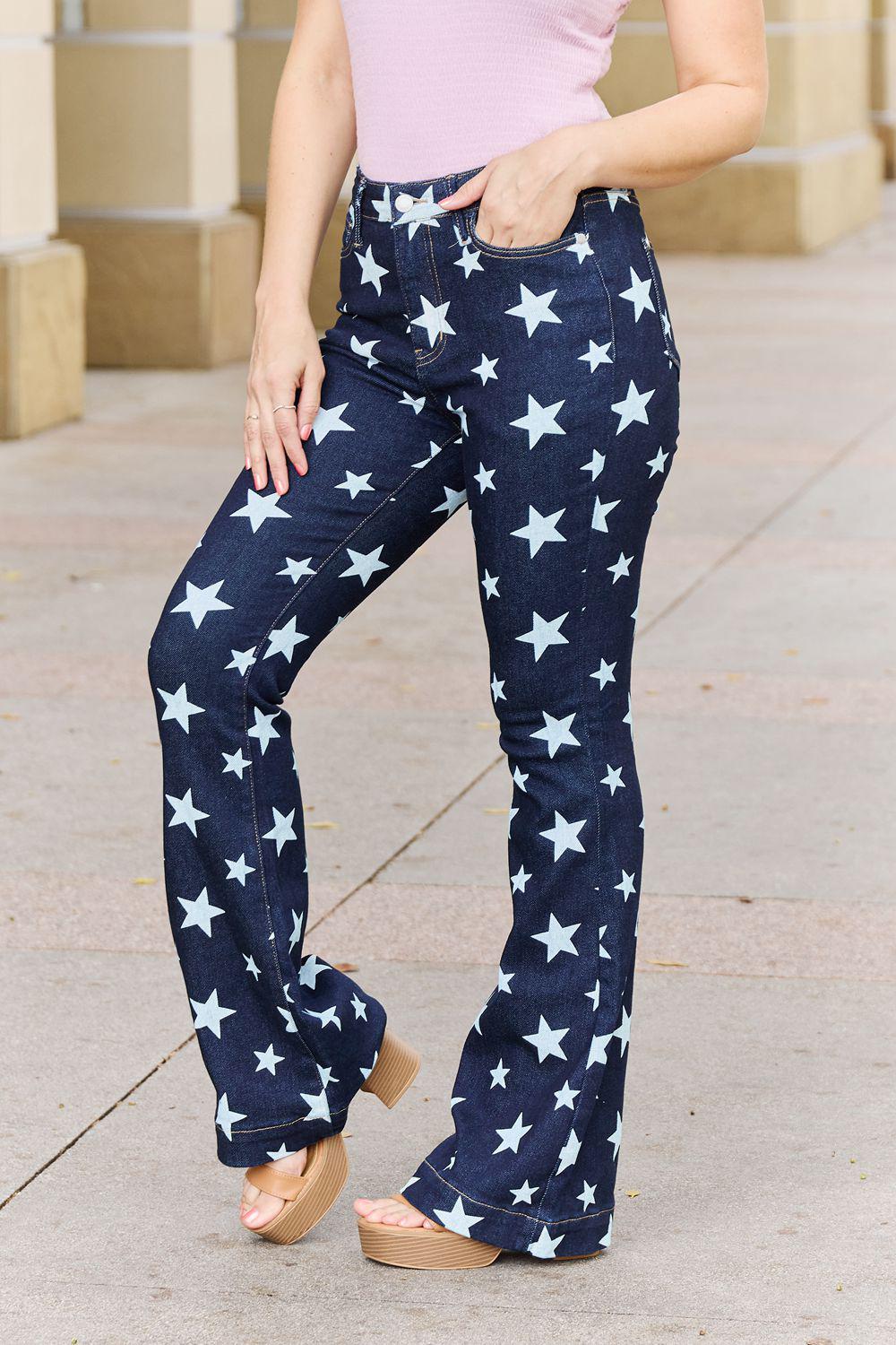 Judy Blue Janelle Full Size High Waist Star Print Flare Jeans BLUE ZONE PLANET