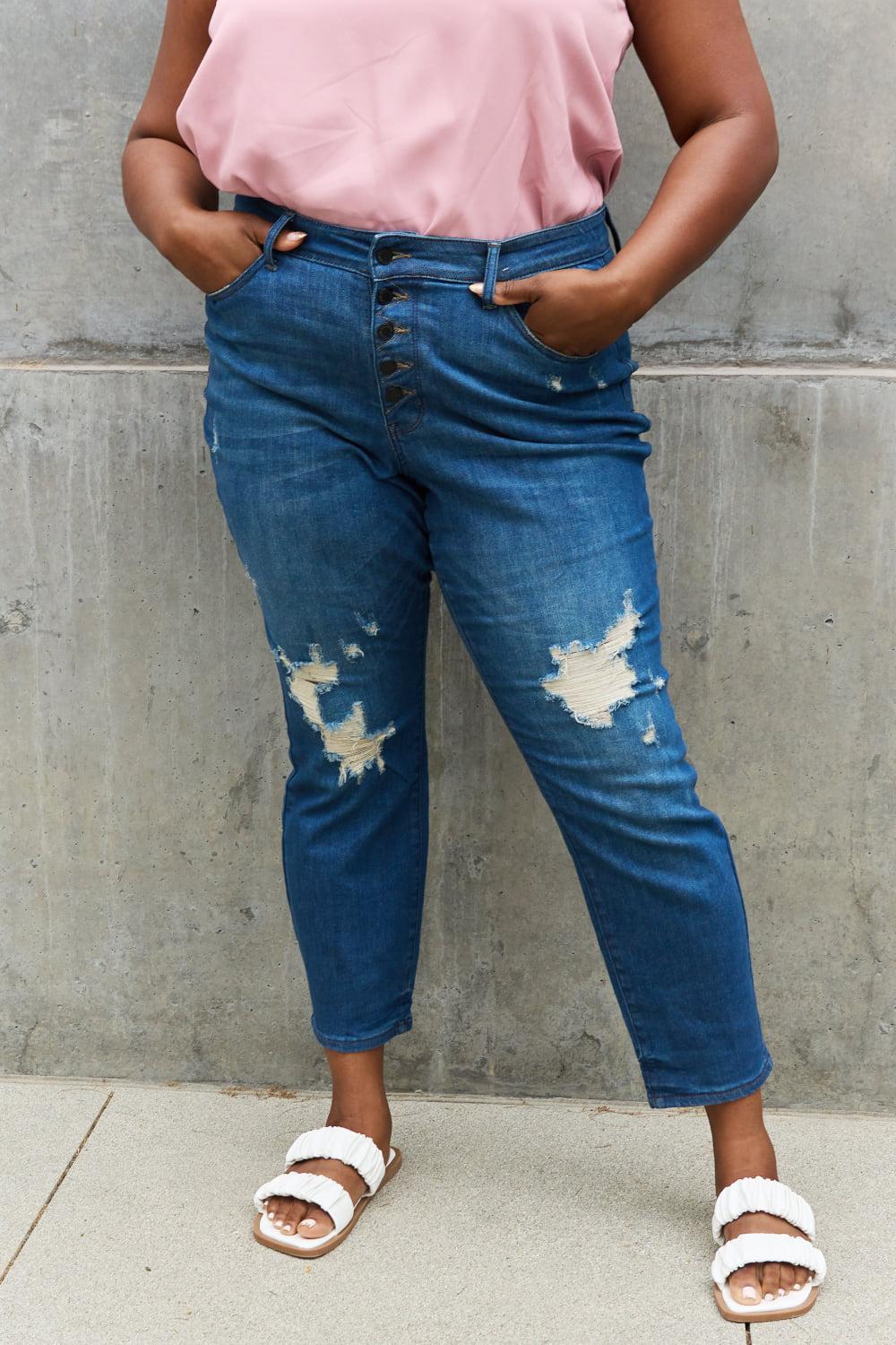 Judy Blue Melanie Full Size High Waisted Distressed Boyfriend Jeans BLUE ZONE PLANET