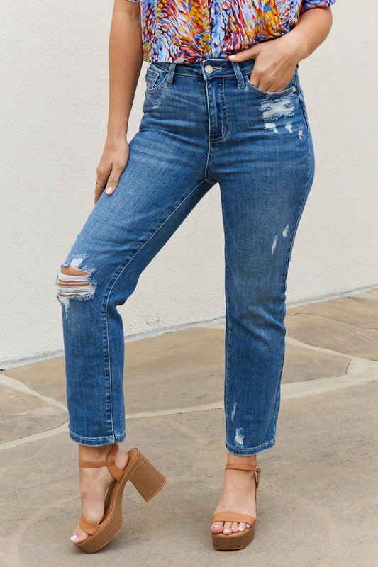 Judy Blue Theresa Full Size High Waisted Ankle Distressed Straight Jeans BLUE ZONE PLANET