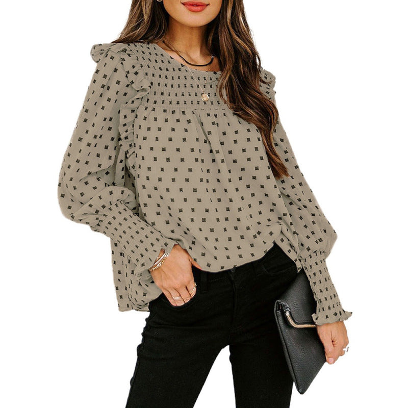 Ruffled Lantern Sleeve Polka Dot Chiffon Shirt Top BLUE ZONE PLANET