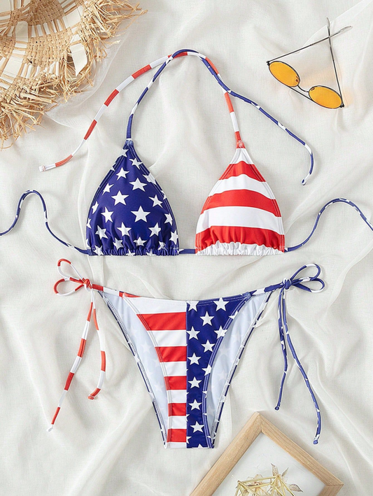 Lace-up swimsuit for women Independence Day flag print beach bikini-TOPS / DRESSES-[Adult]-[Female]-Blue-S-2022 Online Blue Zone Planet