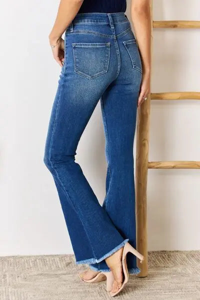 Kancan High Rise Raw Hem Flare Jeans Trendsi