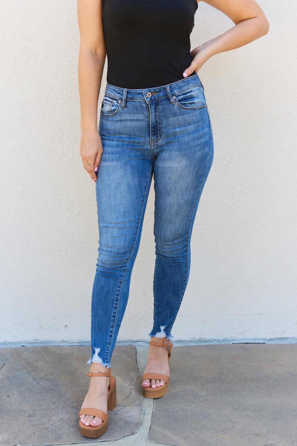 Kancan Lindsay Full Size Raw Hem High Rise Skinny Jeans BLUE ZONE PLANET