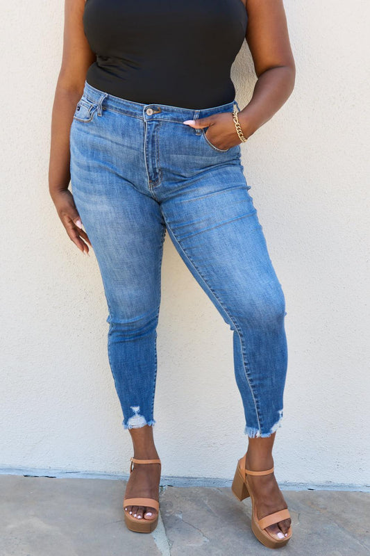Kancan Lindsay Full Size Raw Hem High Rise Skinny Jeans BLUE ZONE PLANET