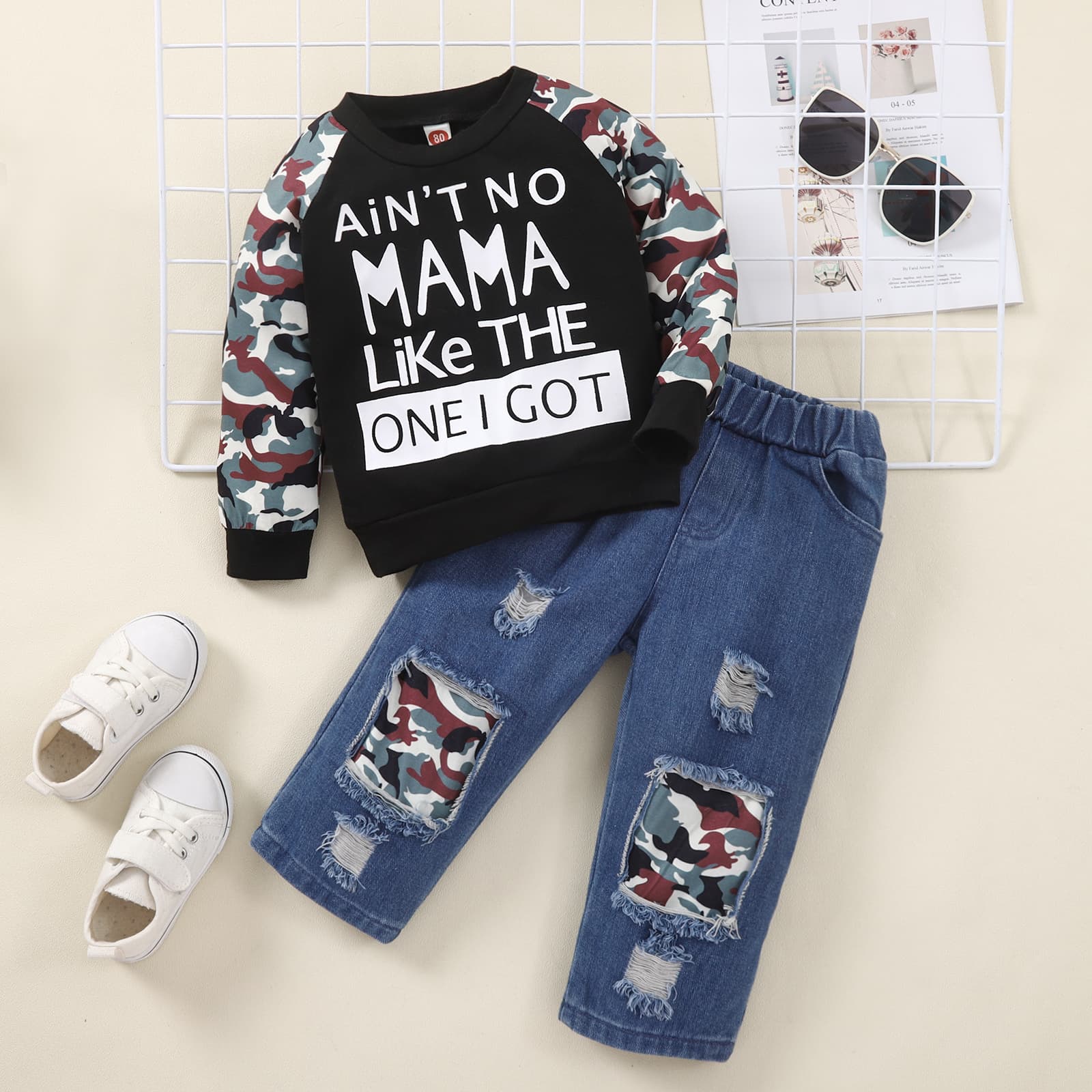 Kids Slogan Graphic Sweatshirt and Camoflague Patch Distressed Jeans Set-TODDLER-[Adult]-[Female]-Black-12-18M-2022 Online Blue Zone Planet