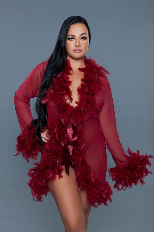 Knee Length Feather Robe With Ribbon Ties-TOPS / DRESSES-[Adult]-[Female]-Maroon-2022 Online Blue Zone Planet