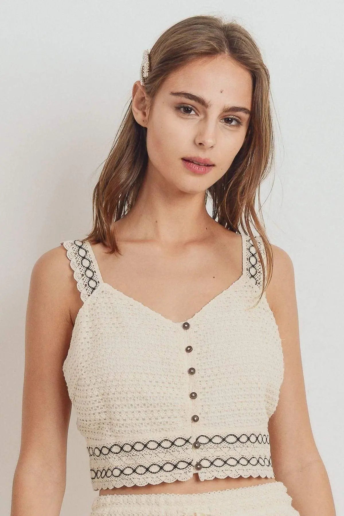 Knit Laced Buttoned Shoulder Strap Top Blue Zone Planet