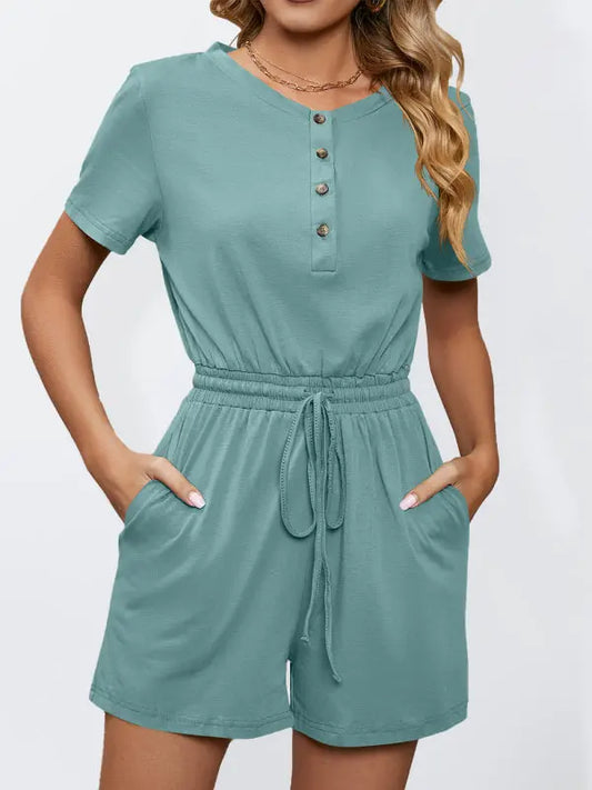 Knit Loose Short Sleeve Button Tie Jumpsuit kakaclo