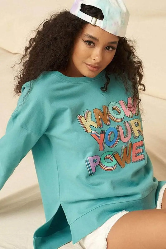 Know your power Mineral Washed French Terry Sweater Blue Zone Planet
