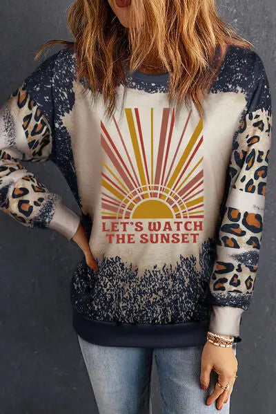 LET'S WATCH THE SUNSET Leopard Round Neck Sweatshirt BLUE ZONE PLANET