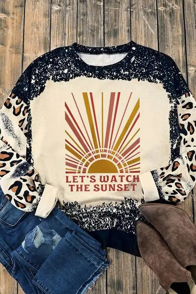 LET'S WATCH THE SUNSET Leopard Round Neck Sweatshirt BLUE ZONE PLANET