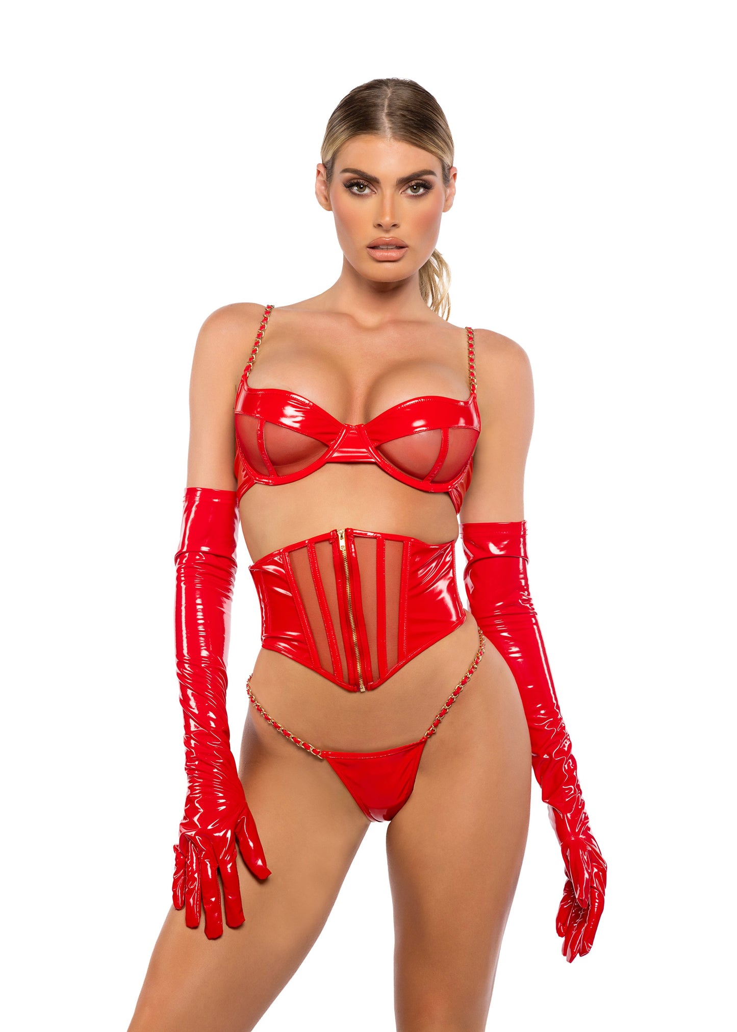 Midnight Minx 3-Piece Waspie Set Lingerie-[Adult]-[Female]-Red-XS-2022 Online Blue Zone Planet