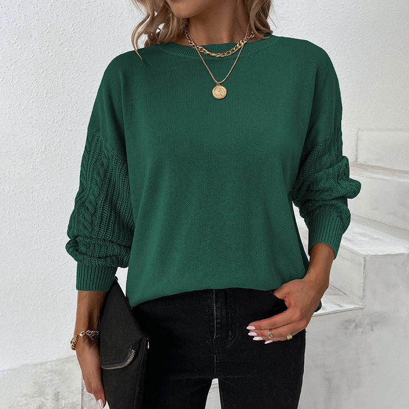 Solid Round Neck Twist Knit Balloon Sleeve Sweater-[Adult]-[Female]-Green-S-2022 Online Blue Zone Planet